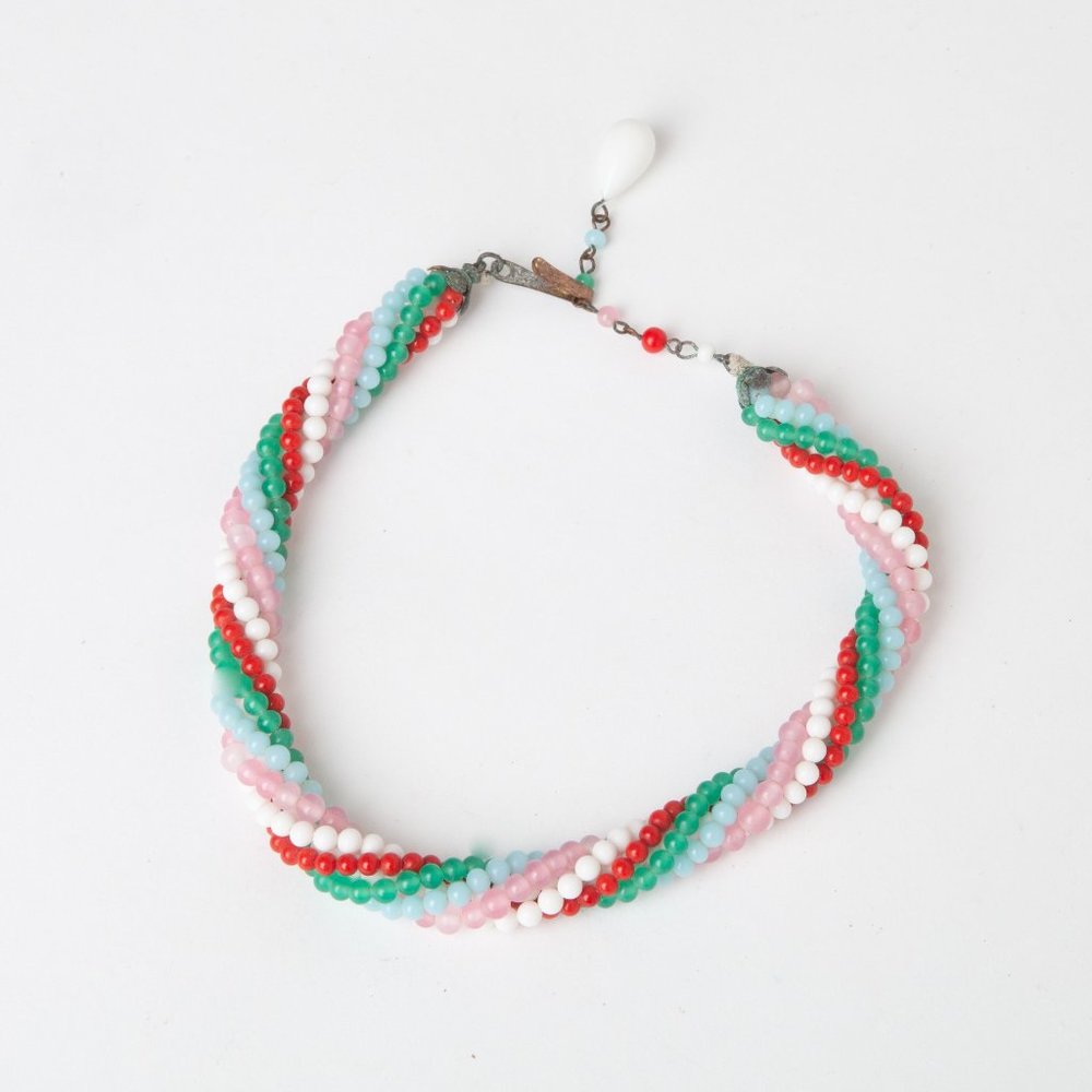 Vintage Beaded Choker Necklace Red Green Light Blue Pink White Glass Beads